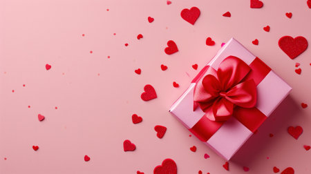 Top view of aesthetic gift in craft box with ribbon. Pink hearts confetti background. Greeting concept. Generative AI.の素材