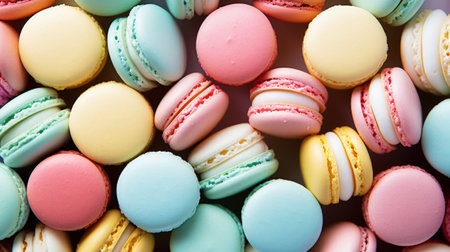 Colorful macarons backdrop. View from above. Aesthetic delicious background. Pastel color palette. Generative AI.の素材