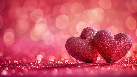 Two sparkling glitter hearts against blurred pink background. Valentine's day. Copy space. Romantic concept. Generative AI.の素材