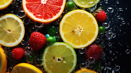 Variety of fresh juicy tropical fruits background. Splash of vitamins. Healthy and tasty diet. Generative AI.の素材