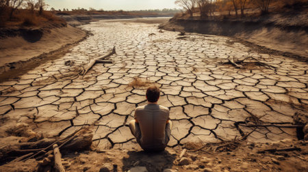 Man sits on cracked ground near dry river. Back view. Drought concept. Water crisis and arid environment. Generative AI.の素材