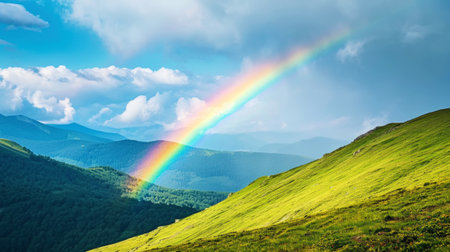 Beautiful rainbow in green mountain valley with green hills with copy space. Ecotourism concept. Generative AI.の素材