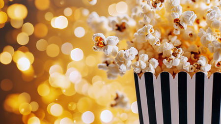 Delicious popcorn spilled from a black striped cardboard box on a golden bokeh background. Copy space. Generative AI.の素材