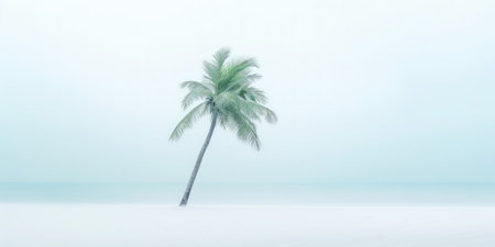 One lonely palm tree on a white beach. Calm sae with mist. Tranquil seashore landcsape. Generative AI.の素材