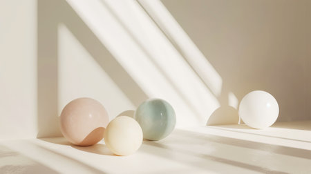 Aesthetic white and beige podium with pastel matte spheres of different sizes. Sun rays. Luxury concept. Generative AI.の素材