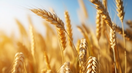 Close up of ripe golden wheat ears, field of wheat in a summer day, sun flare. Harvesting period. Generative AI.の素材
