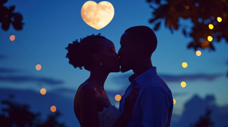 American African couple kissing against the background of bokeh of hearts. Romantic night. Love engagement concept. Generative AI.の素材