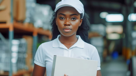 Smiling American African courier woman holding box against the background of warehouse. Delivery concept. Generative AI.の素材