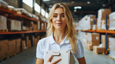 Smiling caucasian courier woman holding box against the background of warehouse. Delivery concept. Generative AI.の素材