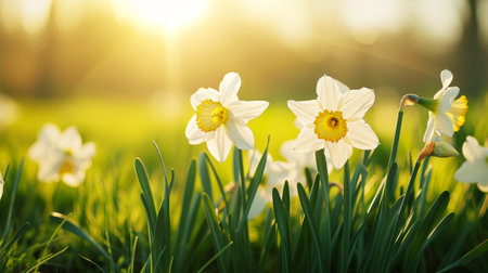 Close-up of yellow daffodil flowers blooming in spring. Bokeh sunny background. Spring landscape concept. Generative AI.の素材