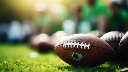 Close up of sports balls on green grass background, side view. Copy space. Sport advertising concept. Generative AI.の素材