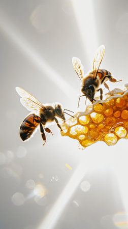 Close-up of two bees flying near a honeycomb. Light white background with copy space. Beekeeping concept. Generative AI.の素材