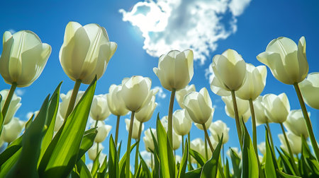 Close-up of white tulips field against blue sky background. Spring landscape concept. Generative AI.の素材
