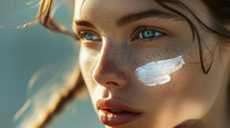 Close-up of young caucasian girl with aesthetic rough smear of face cream. Light background with sun rays. Generative AI.の素材