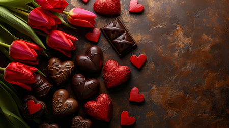 Valentines day dark background. Chocolate hearts and red tulips. Copy space. Love and concept. Generative AI.の素材