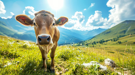 A well-groomed cow on a green meadow on a sunny day. Organic dairy products concept. Agricultural landscape. Generative AI.の素材