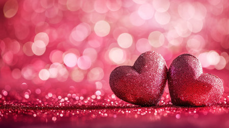 Two sparkling glitter hearts against blurred pink background. Valentine's day. Copy space. Romantic concept. Generative AI.の素材