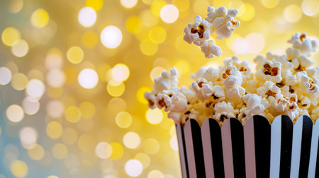 Delicious popcorn spilled from a black striped cardboard box on a golden bokeh background. Copy space. Generative AI.の素材