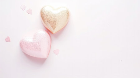 Aesthetic pink and gold hearts on light background. Minimalist love concept. Copy space. Generative AI.の素材