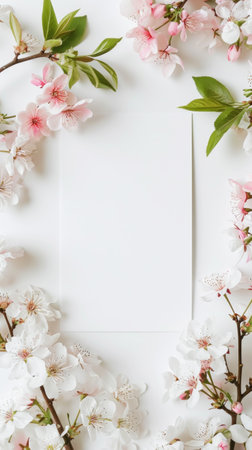 Blank paper card mock-up with Sakura blossoms on white background. Luxury greeting card design concept. Generative AI.の素材