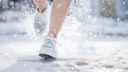 Close-up of female legs in sneakers running and kicking snow. Snowy weather concept. Light color palette. Generative AI.の素材