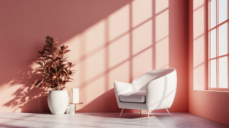 Aesthetic minimalist room interior with a cozy armchair. Peach fuzz color palette. Generative AI.の素材