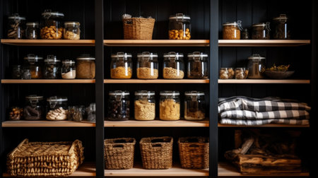 Organization of food storage. Cozy pantry with glass jars and wicker baskets. Dark color palette. Generative AI.の素材
