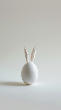 Aesthetic white Easter egg with bunny ears. White background. Creative stylish greeting card. Copy space. Generative AI.の素材