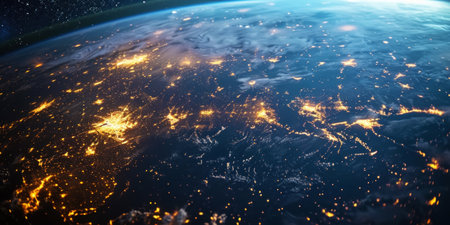 Big city lights view from space. Planet earth globe with night realistic world map. Communication concept. Generative AI.の素材