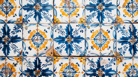 Vintage traditional tile background. Blue azulejos floral pattern. Generative AI.の素材
