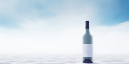 Wine bottle in a white desert sand. White mist around. Serene landscape. Generative AI.の素材