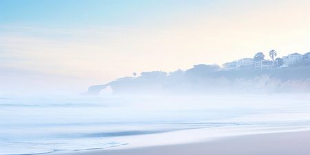 Serene ocean coastline with white mist. Tranquil landscape. Generative AI.の素材