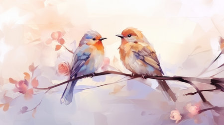Couple of birds transparent watercolour, pastel colour pallet. Luxury background. Generative AI.の素材