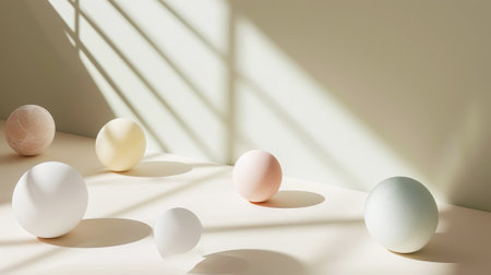 Aesthetic white and beige podium with pastel matte spheres of different sizes. Sun rays. Luxury concept. Generative AI.の素材