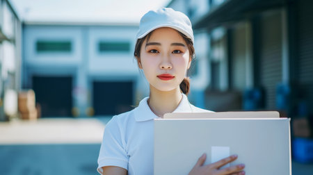 Smiling Asian courier woman holding cardboard box against warehouse background. Delivery concept. Generative AI.の素材