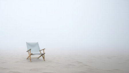 Lonely chair on white sand of tranquil beach of sea covered with mist. Generative AI.の素材