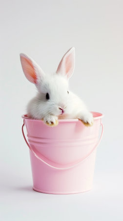 A white fluffy rabbit looks out of a pink bucket. Copy space. Greeting card concept. Generative AI.の素材