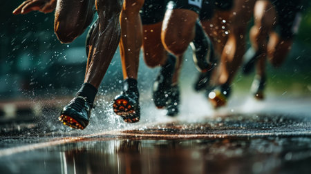 Close-up of strong athletic legs running a marathon. Professional sprinters. Sport concept. Generative AI.の素材