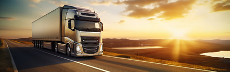 Panoramic view on large truck on a highway road through the countryside in a beautiful sunrise. Generative AI.の素材