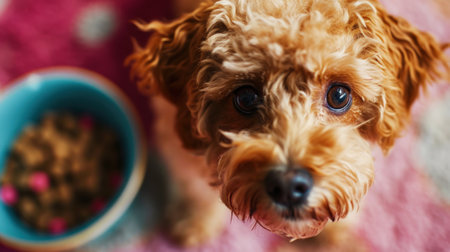Little cute dog maltipoo feeds from a bowl. Direct look of the dog. Light blue and pink color palette. Generative AI.の素材