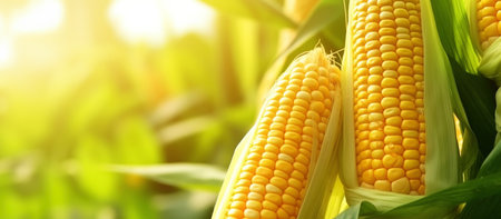 Close-up of ripe golden corn cobs in corn plantation field. Agriculture background. Generative AI.の素材