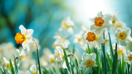 Close-up of yellow daffodil flowers blooming in spring. Bokeh sunny background. Spring landscape concept. Generative AI.の素材