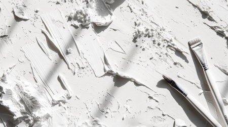 Close-up of brushes on a pastel background with rough strokes of paint. Art-aesthetic studio. Generative AI.の素材