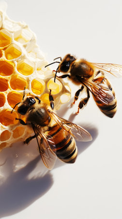 Close-up of two bees flying near a honeycomb. Light white background with copy space. Beekeeping concept. Generative AI.の素材