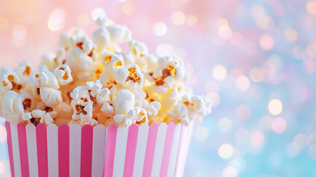 Delicious popcorn spilled from a pink striped cardboard box on a pastel glitter bokeh background. Copy space. Generative AI.の素材