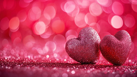 Two sparkling glitter hearts against blurred pink background. Valentine's day. Copy space. Romantic concept. Generative AI.の素材