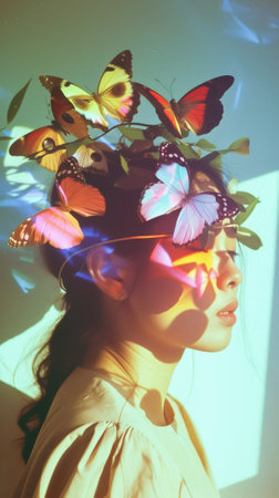 Trendy fashion magazine cover with a woman with butterflies on head and face. Pop art style. Modern Art. Generative AI.の素材