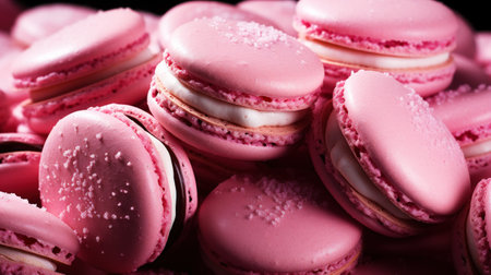 Pink strawberry macarons backdrop. View from above. Aesthetic delicious background. Pastel colour palette. Generative AI.の素材