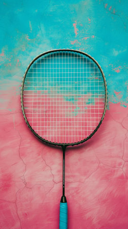Top view of badminton racket against hot pink and blue backdrop. Sport concept. Generative AI.の素材