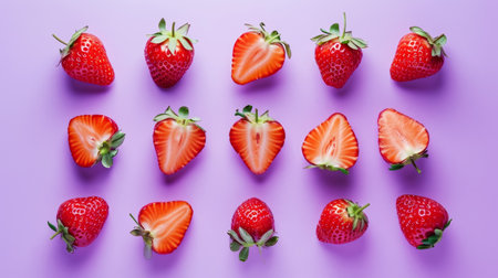 Flat lay of a bright pattern of strawberry halves. Pastel bright purple background. Minimalist food concept. Generative AI.の素材